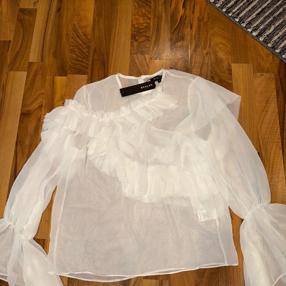 Beulah womenโs sheer ruffle top with wide sleeve glam going out size mediumโ